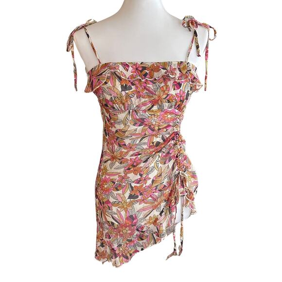Y2K 100% Silk Floral Ruched Top M | Vintage Ruffle Hem Tie Strap Blouse - Picture 1 of 7